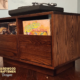 Dovetail 2 x 1 record storage console cabinet features 2 pull out vinyl drawers below a turntable shelf. This LP player stand is available in solid walnut, ash, red oak, maple, cherry and oak, all on a 3 inch 100% hardwood plinth base.