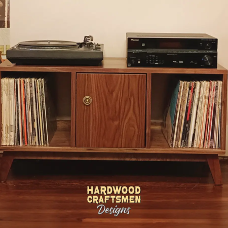 Solid walnut media console with doors, available 42 to 72 inches wide. Perfect for vinyl record storage with 3 compartments and a large shelf top for your tv.