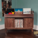 Solid walnut record cabinet with 2 doors & 3-to-5 LP flip bin compartments, available from 42-to-70 inches. This vinyl storage stand 2-tier features upper forward facing bins above 3-to-5 divided compartments, all on tapered mid-century legs.