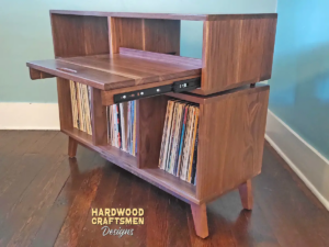 media console with 3 vinyl storage bins, solid walnut record player stand with a pullout turntable shelf, use also as a large TV stand.