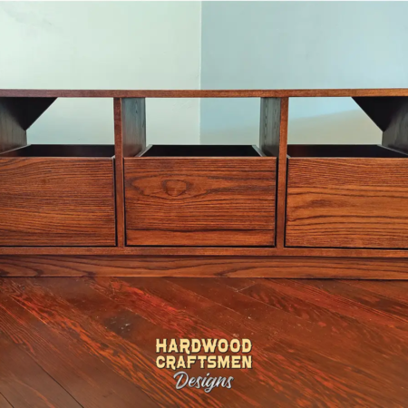 Solid hardwood dovetail record player stand with slide out drawers.