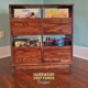 Dovetail 2 x 2 record player cabinet features 4 pull out vinyl storage drawers below a turntable and equipment shelf. This LP stand is available in solid walnut, ash, red oak, maple, cherry and oak, all on a 3 inch 100% hardwood plinth base.