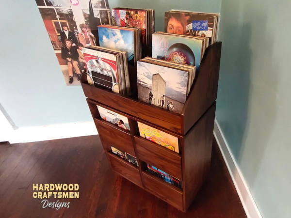 4 Drawer Record Storage Cabinet with 6 Vinyl LP Flip Bins, Dovetail Drawers - Above Image
