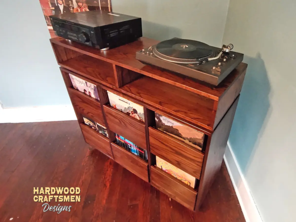 6 Drawer Record Player Stand with Media Cabinet, Dovetail Drawers and Turntable Shelf - Angle Image