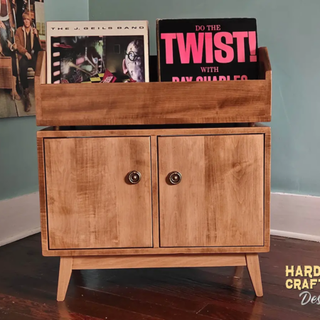 Solid maple record flip bins cabinet with doors features 2-to-4 vertical bins below 2-to-4 LP flip bin compartments, This vinyl stand 4-tier is available from 42-to-70-inches, all on tapered mid-century legs.