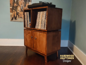 Solid cherry wood record player stand with 4-bin vinyl storage with 2 doors in a 2-tier layout
