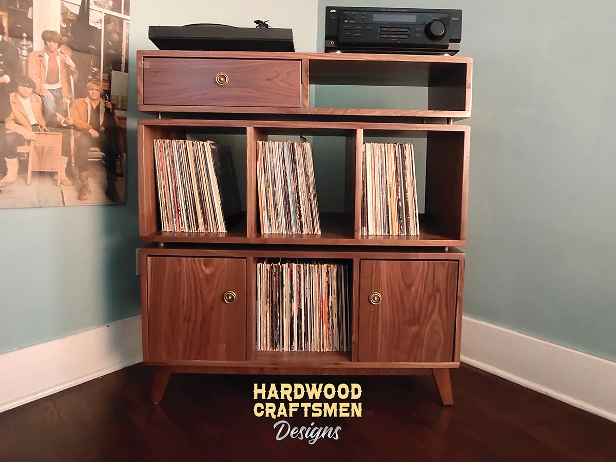 Solid Walnut Record Cabinet, 2 Door, Record Player Stand with Drawers, Large Vinyl Storage Holds About 540 Albums