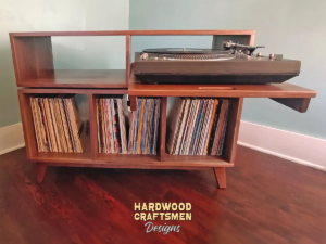 solid walnut media console with 3 vinyl storage bins, record player stand with a pullout turntable shelf, use also as a large TV stand.