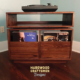 Dovetail 2 x 1.5 record player console features 2 pull out LP drawers below audio equipment shelves. This vinyl storage cabinet is available in solid walnut, ash, red oak, maple, cherry and oak, all on a 3 inch 100% hardwood plinth base.