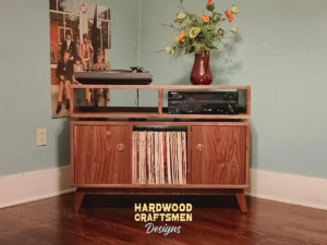 solid walnut record player stand, media console with 3 vinyl storage bins and turntable shelf, 2-door, use also as a long TV stand.