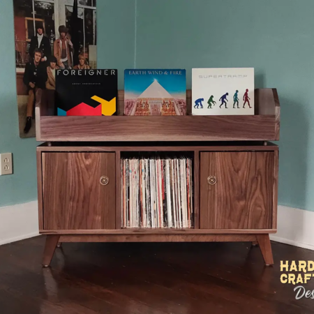 Solid walnut record cabinet with 2 doors features 3-to-5 vertical bins below 3-to-5 LP flip bin compartments, This record stand 2-tier is available from 42-to-70-inches, all on tapered mid-century legs.