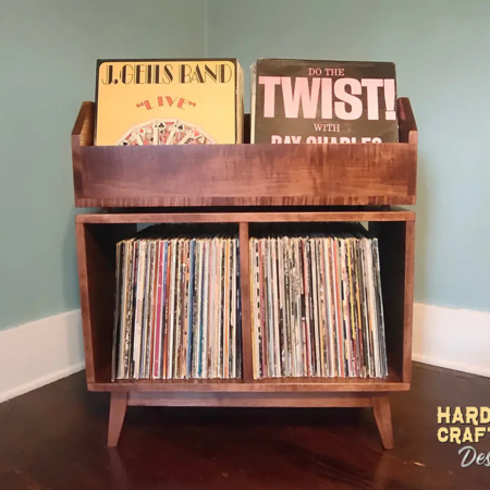 large vinyl record storage cabinet, solid wood record player stand, full view, with turntable shelf and 2 record flip bins.