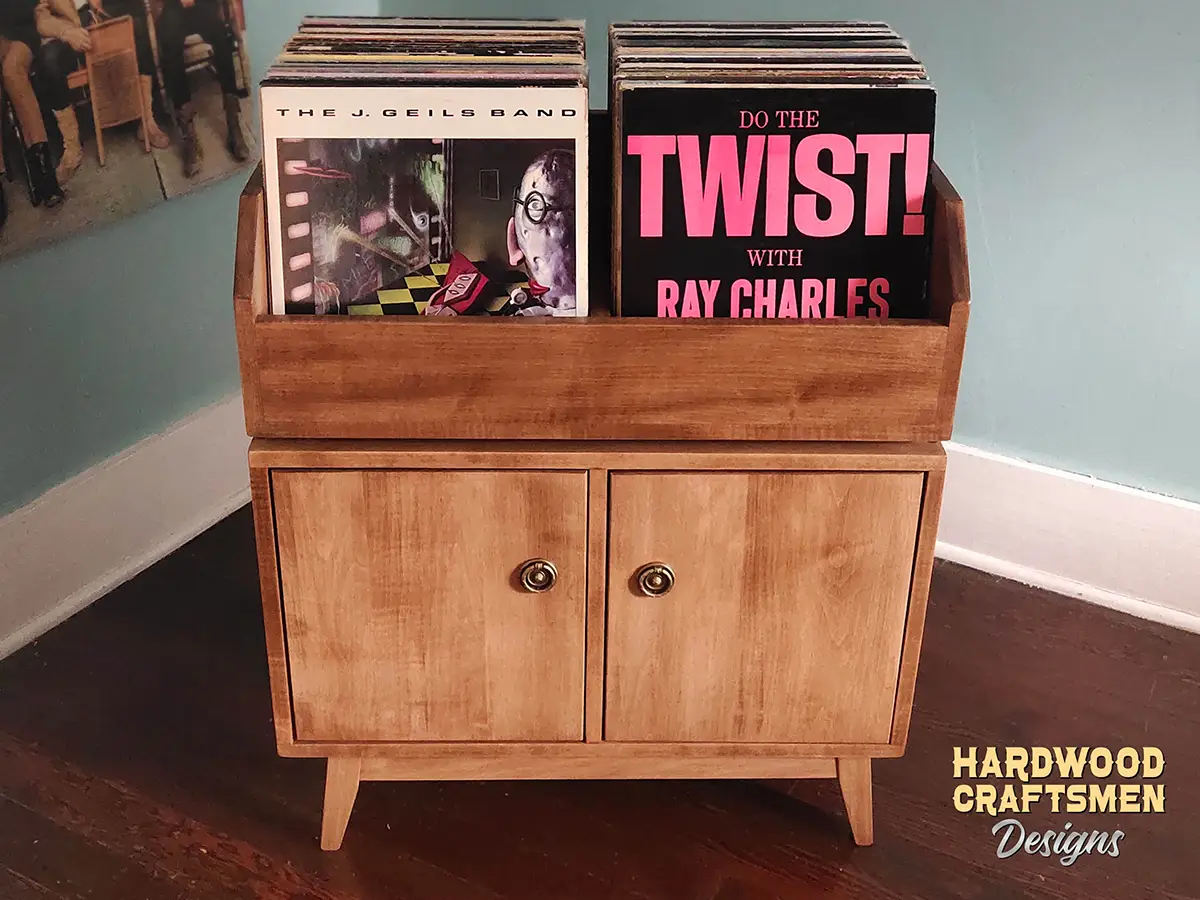 large vinyl record storage cabinet, solid wood record player stand, 2-door, with turntable shelf and 2 record flip bins.
