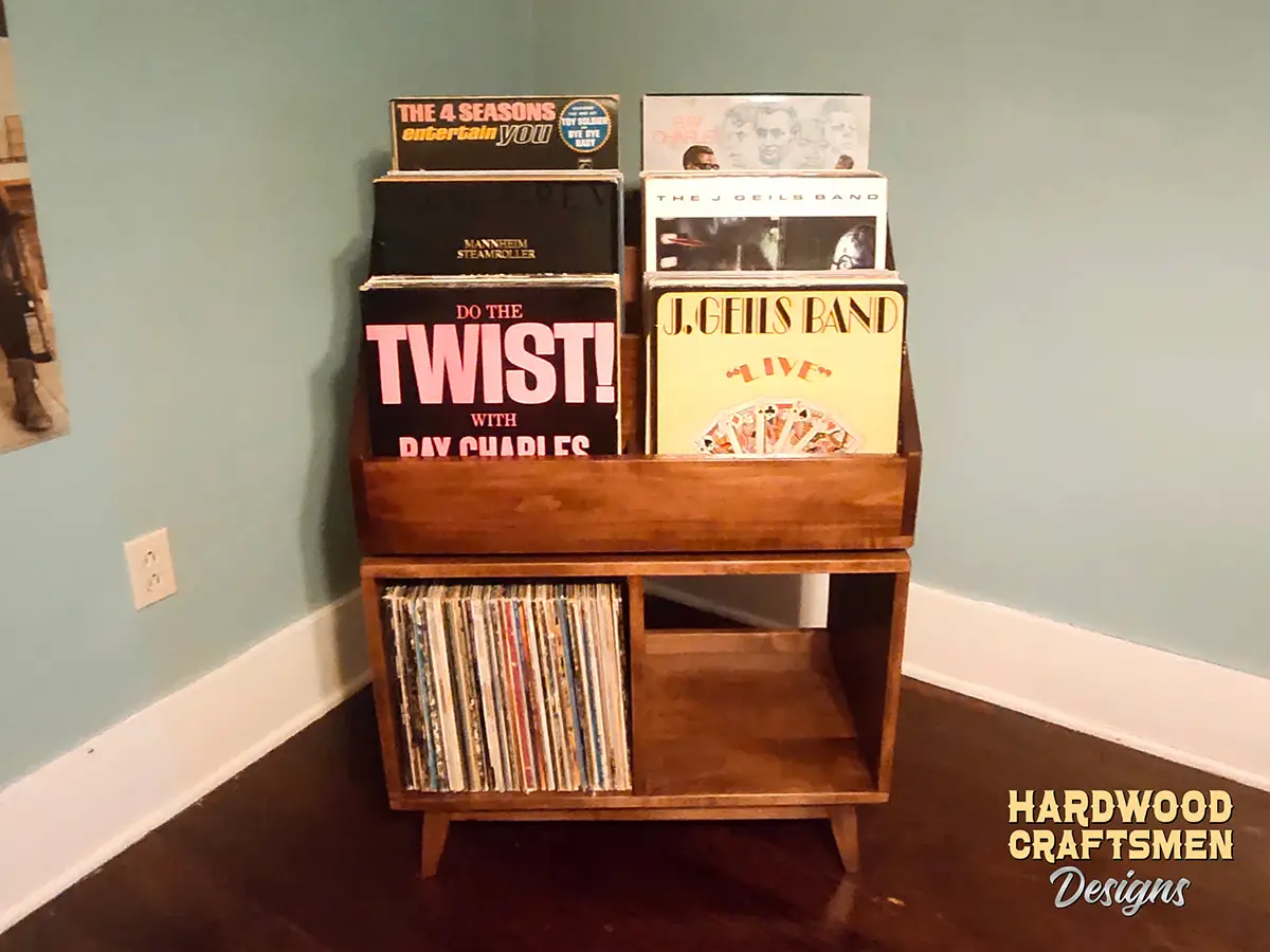 Solid Cherry Vinyl Record Stand, Flip Top Record Rack, Mid Century Vinyl Cabinet Holds About 360 Albums with Wooden Legs