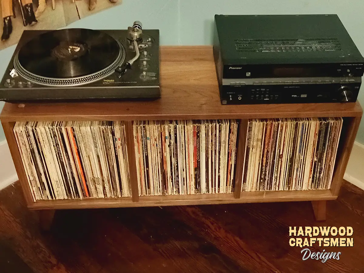 Solid Walnut Record Console, Mid-Century Vinyl Storage, Large Record Player Stand with Equipment Shelf Holds Up To 270 Albums