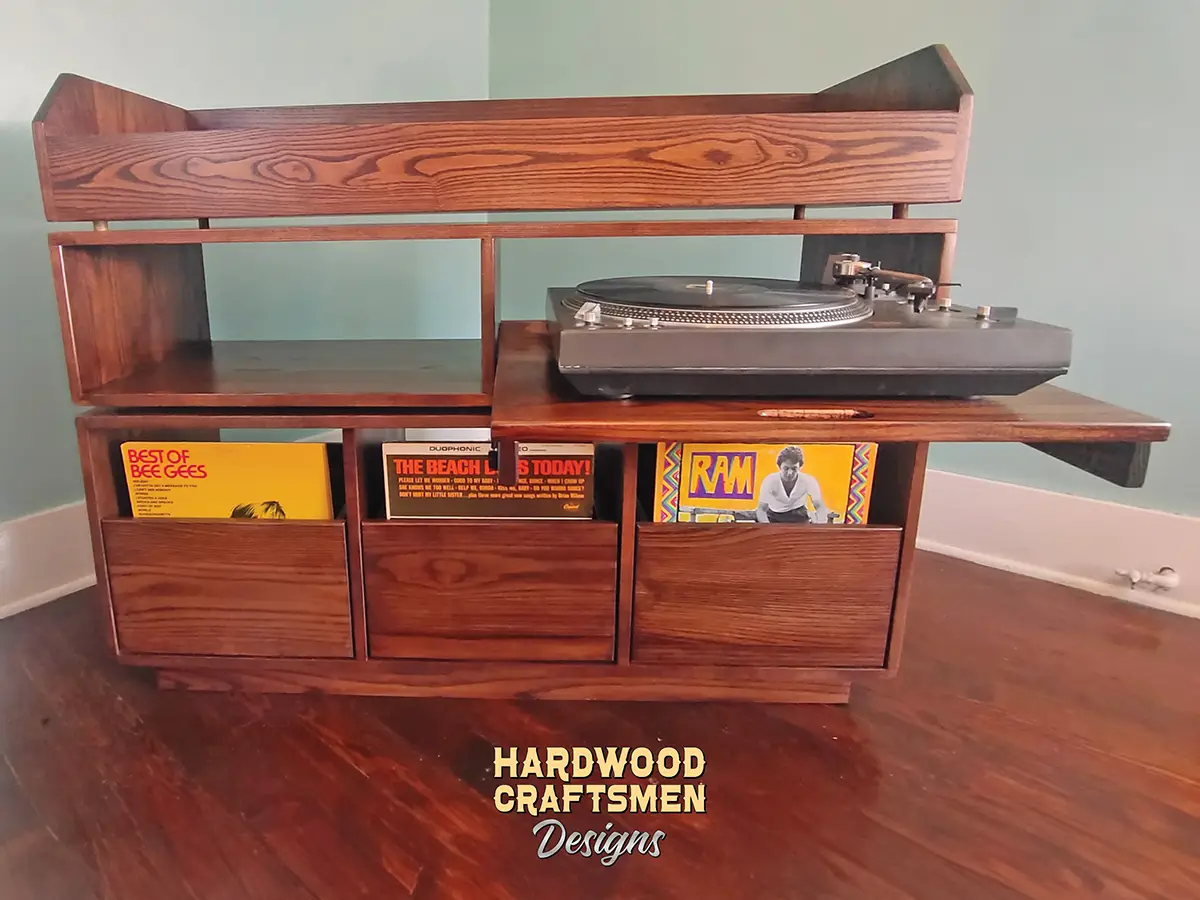 Oak Record Player Stand, Vinyl Record Storage Cabinet, 3-Drawer - Image 4