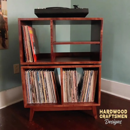 Solid cherry record player stand with media cabinet shelves and turntable top shelf