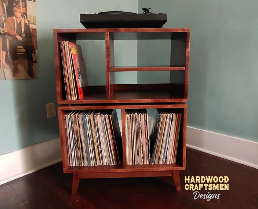 Solid cherry record player stand with media cabinet shelves and turntable top shelf