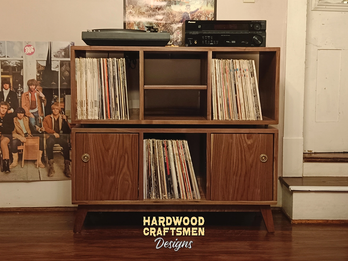 Large Walnut Record Player Stand, Vinyl Storage with Doors, Hand-Built Hardwood Record Cabinet Holds up to 540+ Albums