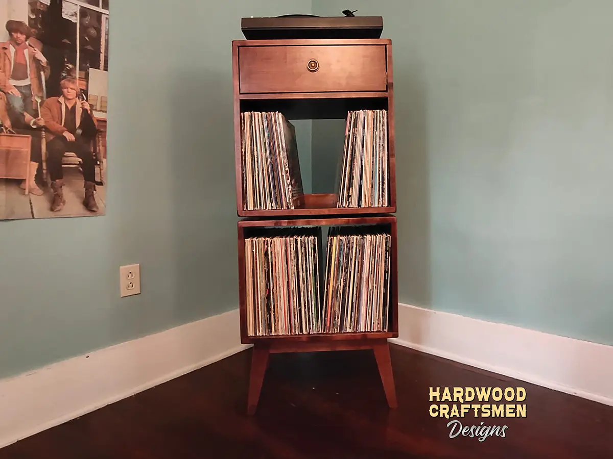 Vertical Record Cabinet with Drawers, Cherry Record Player Stand, Solid Wood Vinyl Storage Holds Up To 180 Albums - Image 2