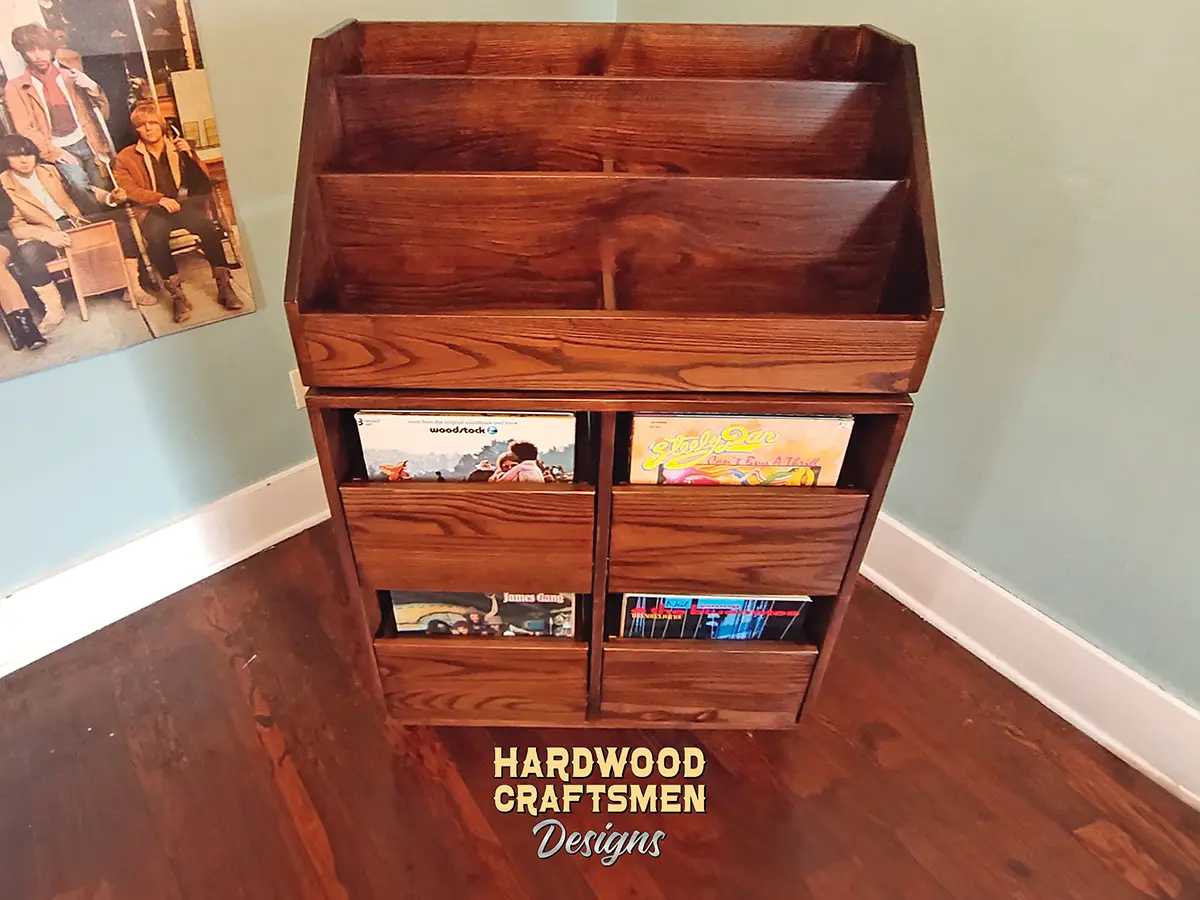 Oak Vinyl Record Storage Cabinet, 6-Flip-Bin, 4-Drawer - Image 4